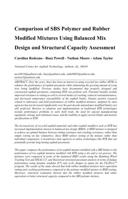 Comparison of SBS Polymer and Rubber Modified Mixtures Using Balanced Mix Design and Structural Capacity Assessment