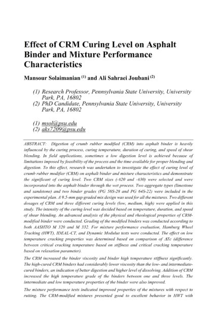 Effect of CRM Curing Level on Asphalt Binder and Mixture Performance Characteristics