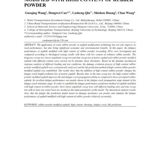 The application of waste rubber powder in asphalt modification technology has not only improve its road performance, but also bring significant economic and environmental benefits. In this paper, the fatigues performance of asphalt modified with high content of rubber powder (exceeding 30%) were investigated and compared according to rheological testing results with those with low content of ordinary rubber powder. The frequency sweep test, linear amplitude sweep test and time sweep test of matrix asphalt and rubber powder modified asphalt with different content were carried out by dynamic shear rheometer. Based on the dynamic mechanical response analysis of different loading and test conditions, the damage evolution process of high content rubber powder modified asphalt were systematically analyzed, and the life prediction method of high content rubber powder modified asphalt was established. The results show that the addition of high content rubber powder changes the fatigue crack length evolution law of matrix asphalt. Besides that, in the time sweep test, the high content rubber powder modified asphalt improves the anti-fatigue crack propagation ability as compared to those of original rubber asphalt. Its excellent fatigue performance was mainly shown in the fatigue crack propagation stage instead of the fatigue crack initiation stage. In order to establish the fatigue performance prediction method of asphalt modified with high content of rubber powder, three linear amplitude sweep tests with different loading rates and time sweep test with at least one strain level are needed as the input parameters of the model. The theoretical analysis results show that the fatigue life prediction model based on damage mechanics can predict and simulate the fatigue performance of asphalt modified with high content of rubber powder relatively accurately.