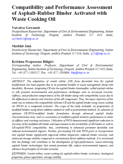Compatibility and Performance Assessment of Asphalt-Rubber Binder Activated with Waste Cooking Oil