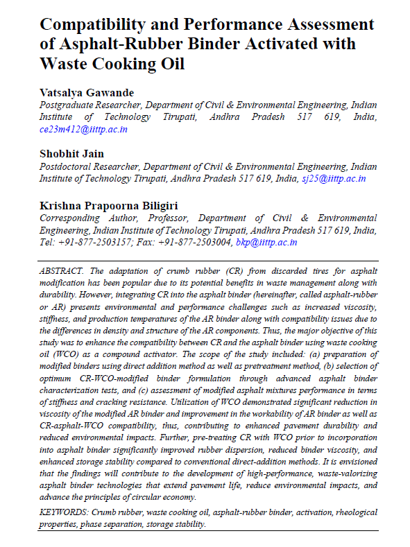 Compatibility and Performance Assessment of Asphalt-Rubber Binder Activated with Waste Cooking Oil