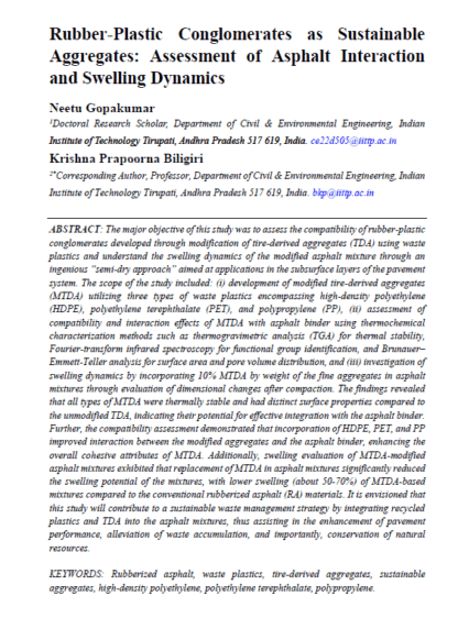 Rubber-Plastic Conglomerates as Sustainable Aggregates: Assessment of Asphalt Interaction and Swelling Dynamics
