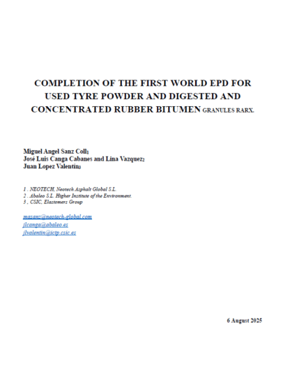 COMPLETION OF THE FIRST WORLD EPD FOR USED TYRE POWDER AND DIGESTED AND CONCENTRATED RUBBER BITUMEN GRANULES RARX.