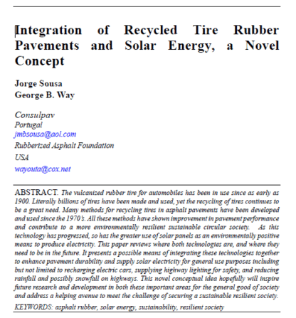 Integration of Recycled Tire Rubber Pavements and Solar Energy, a Novel Concept